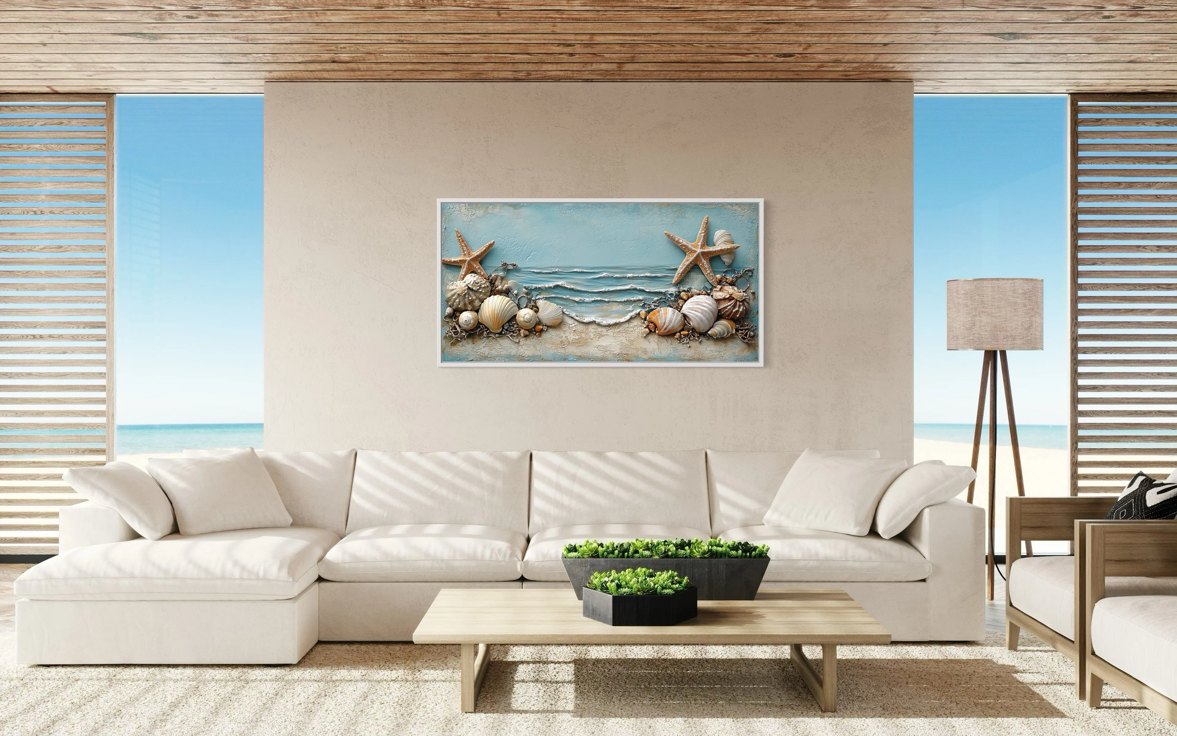 Starfish  And Seashells Framed Beach House Canvas Wall Art