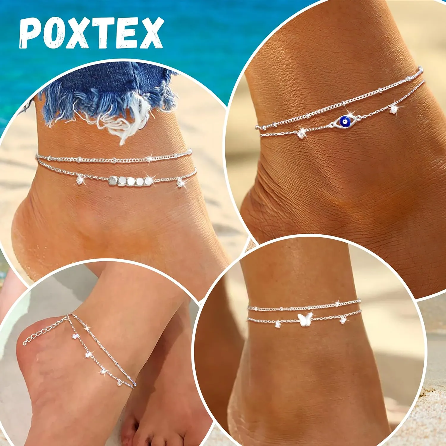 Sterling Silver Anklet Bracelets for Women Waterproof, 925 Sliver Plated CZ & Heart Charm Dainty Layer Anklets for Women Trendy, Simple Chain Anklets Set Gifts for Women, Jewelry Gifts for Her Women Mom Wife Girlfriend