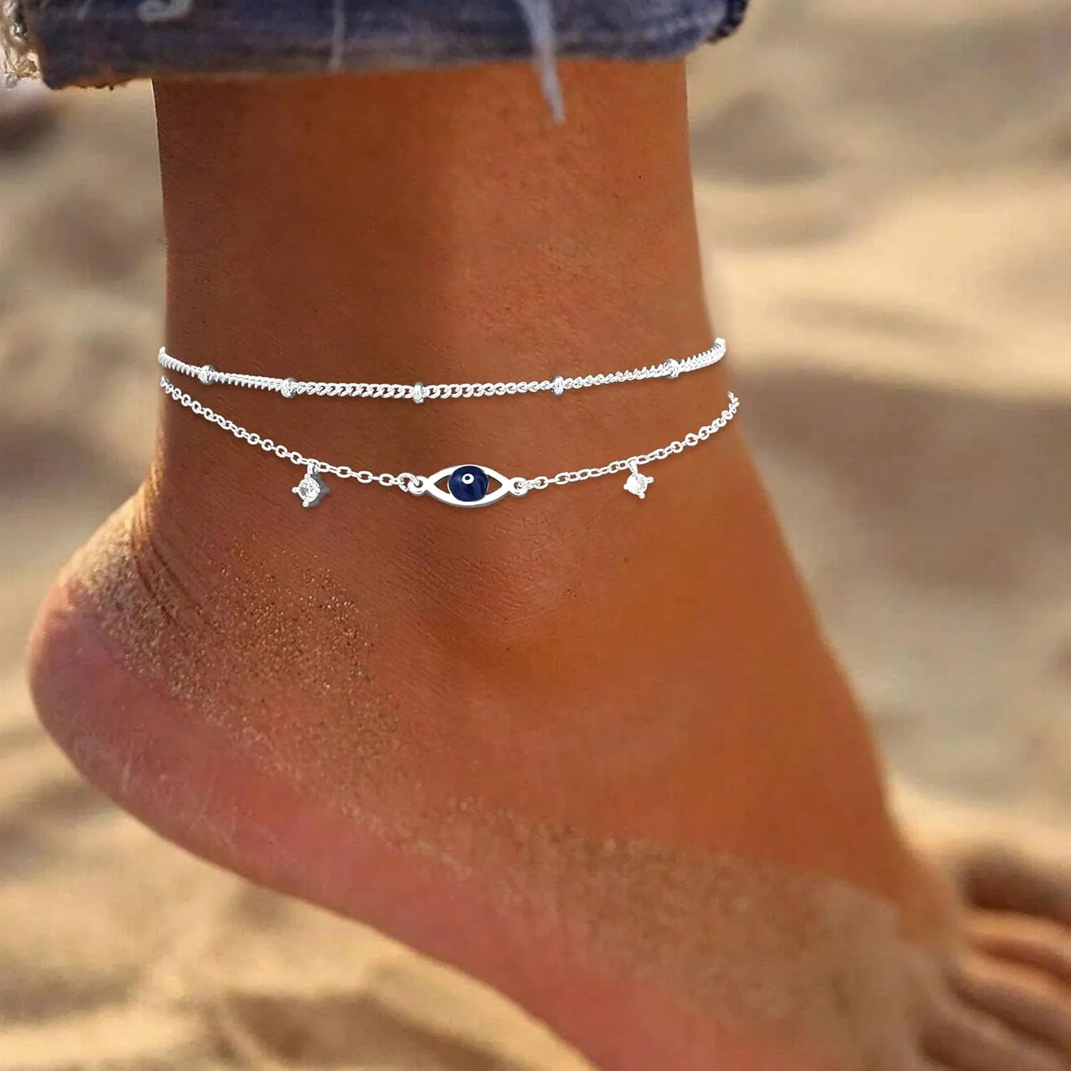 Sterling Silver Anklet Bracelets for Women Waterproof, 925 Sliver Plated CZ & Heart Charm Dainty Layer Anklets for Women Trendy, Simple Chain Anklets Set Gifts for Women, Jewelry Gifts for Her Women Mom Wife Girlfriend
