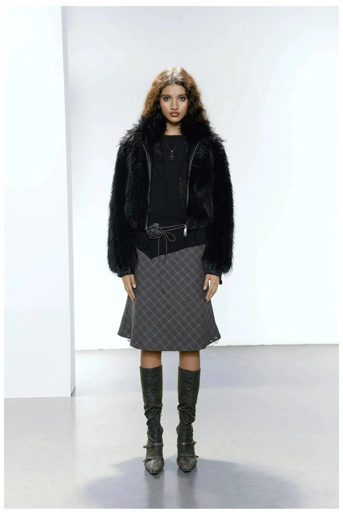 Strike A Pose Cropped Faux Fur Jacket - Women'S Black Shaggy Long-Sleeve Zip-Up Bolero Coat
