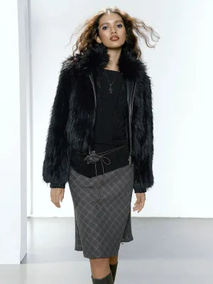 Strike A Pose Cropped Faux Fur Jacket - Women'S Black Shaggy Long-Sleeve Zip-Up Bolero Coat