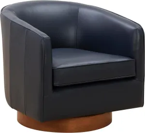 Stylish and Comfortable Swivel Accent Chair in Midnight Blue Top Grain Leather with Wooden Base