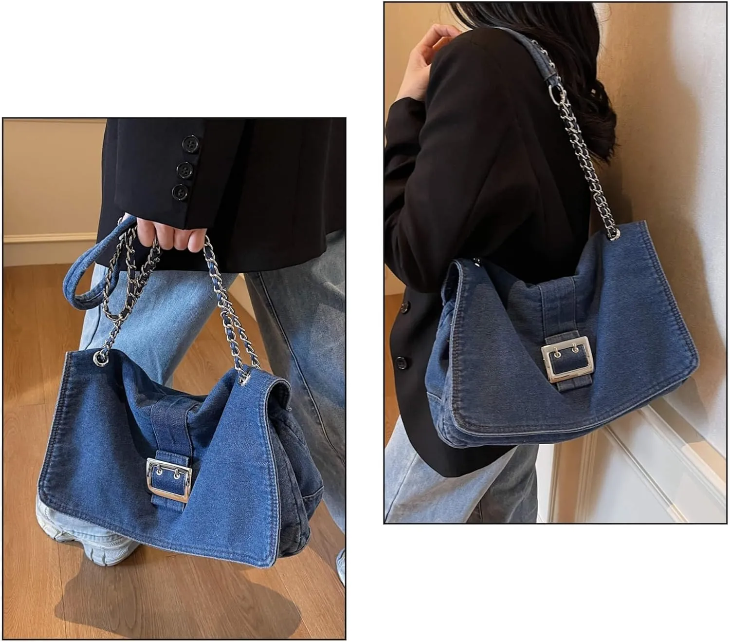 Stylish Denim Tote Bag for Women, Jean Purse Designer Handbag with Adjustable Strap