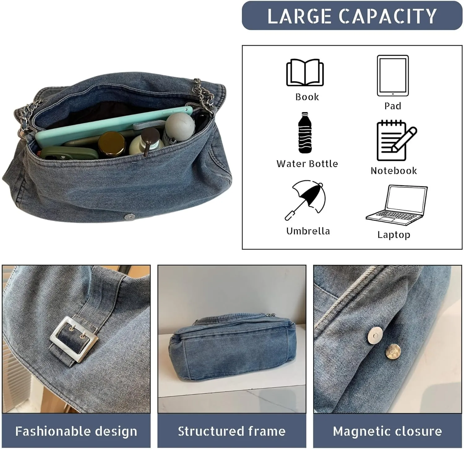 Stylish Denim Tote Bag for Women, Jean Purse Designer Handbag with Adjustable Strap