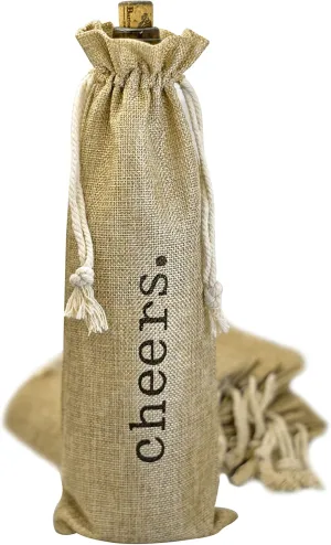 Supply Friend Burlap Wine Bag - 12 Jute Wine Bottle Gift Bags with Drawstring and Cheers Print for Party Favors, Wedding, Birthday, Housewarming, Christmas, Holiday & Wine Tasting Party