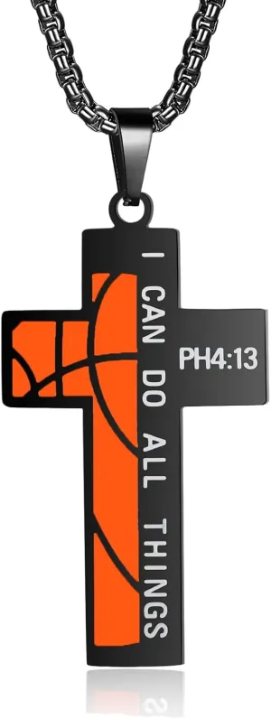 Susook Basketball Cross Necklace for Men Bible Verse I CAN DO All Things Stainless Steel Sport Pendant for Men