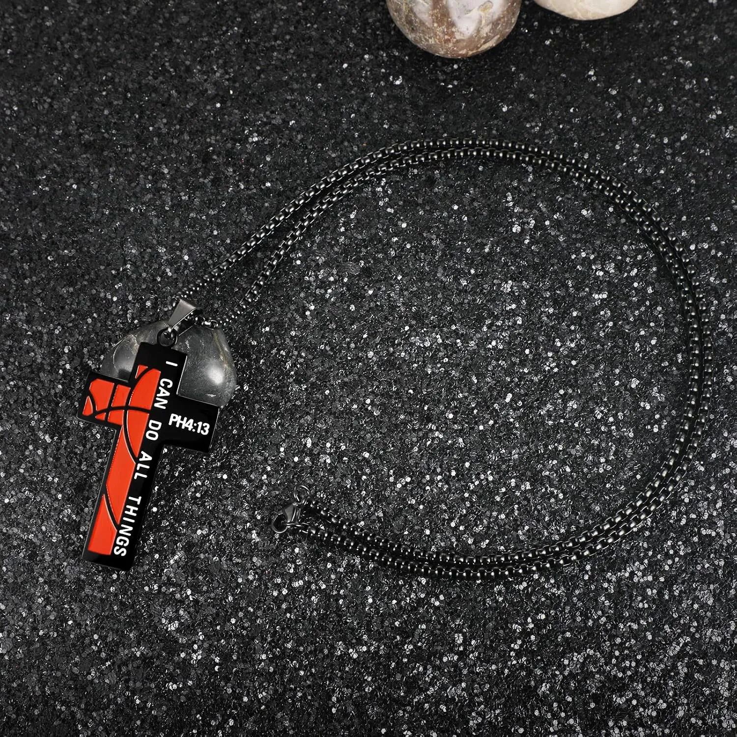Susook Basketball Cross Necklace for Men Bible Verse I CAN DO All Things Stainless Steel Sport Pendant for Men