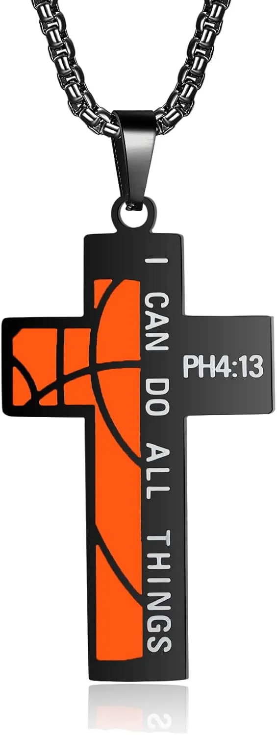 Susook Basketball Cross Necklace for Men Bible Verse I CAN DO All Things Stainless Steel Sport Pendant for Men