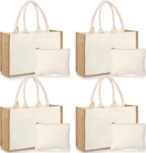Sweetude 4 Set Jute Burlap Tote Bag with Canvas Makeup Pouch Reusable DIY Craft Blank Gift Bags for Wedding Bridesmaid(Beige)
