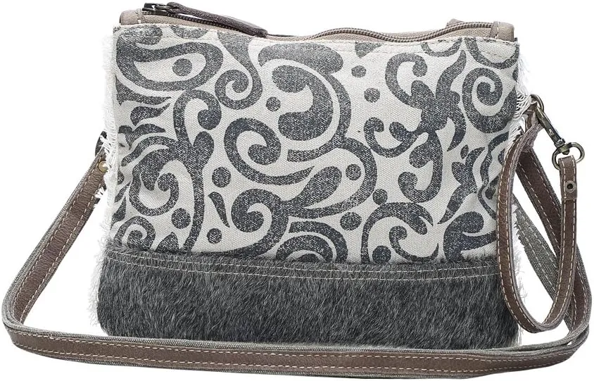 Swirl Print Upcycled Canvas Genuine Leather Trim Dual Strap Crossbody Handbag