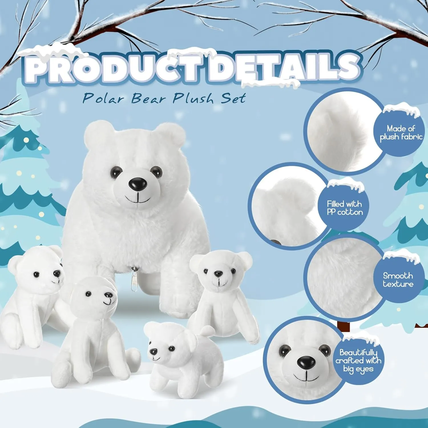Syhood 5 Pcs Polar Bear Plush Set 12 Inch Mommy Polar Bear Stuffed Animal with 4 Plush Bear Babies Cuddly Bear Gifts for Boys Girls Christmas Birthday Decoration (Realistic Style)
