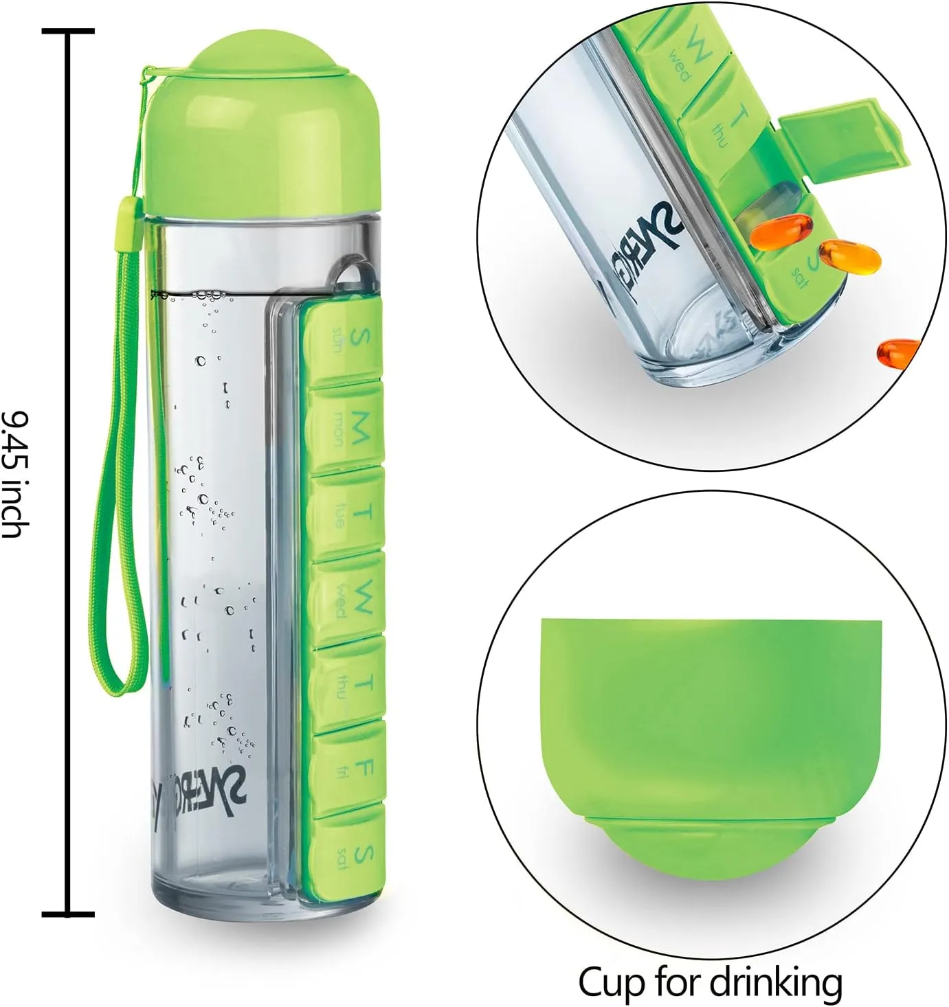 Synergy Water Bottle & Pill Organizer - Travel Storage Container for Water, Juice, Vitamins - Portable 7-Day Pillbox - for Outdoor, Gym, Travel - Easy Carry Strap - BPA Free Plastic - 400ml (Green)