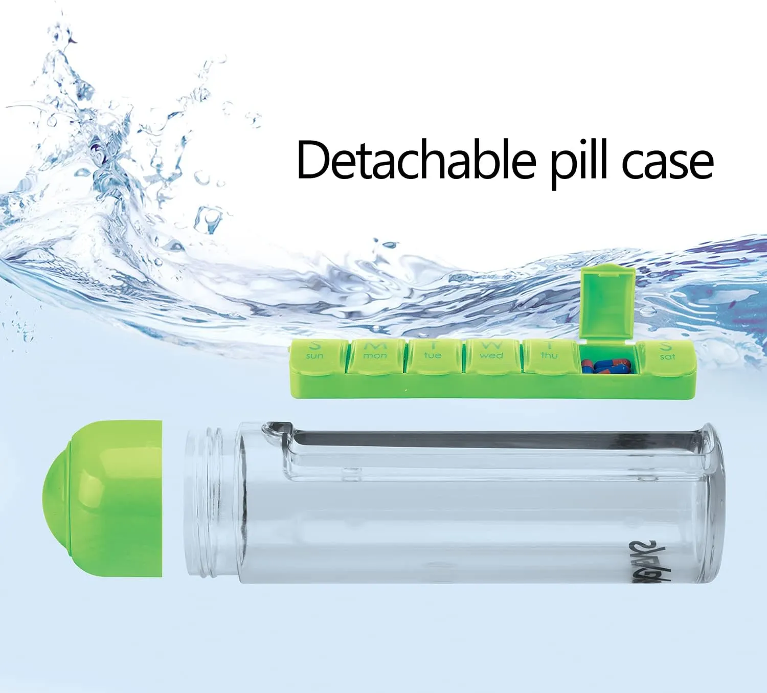 Synergy Water Bottle & Pill Organizer - Travel Storage Container for Water, Juice, Vitamins - Portable 7-Day Pillbox - for Outdoor, Gym, Travel - Easy Carry Strap - BPA Free Plastic - 400ml (Green)