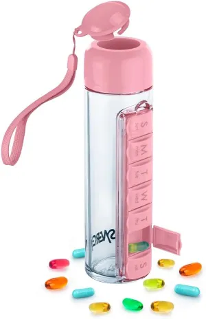 Synergy Water Bottle & Pill Organizer - Travel Storage Container for Water, Juice, Vitamins - Portable 7-Day Pillbox - for Outdoor, Gym, Travel - Easy Carry Strap - BPA Free Plastic - 400ml (Pink)