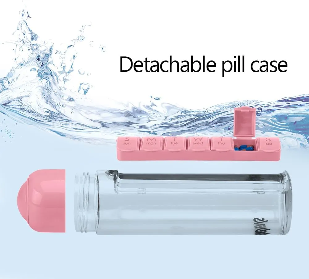 Synergy Water Bottle & Pill Organizer - Travel Storage Container for Water, Juice, Vitamins - Portable 7-Day Pillbox - for Outdoor, Gym, Travel - Easy Carry Strap - BPA Free Plastic - 400ml (Pink)