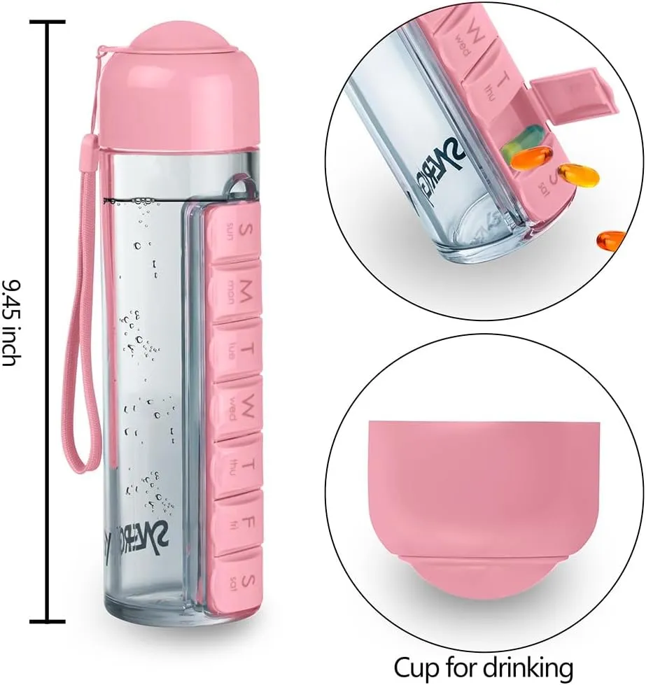Synergy Water Bottle & Pill Organizer - Travel Storage Container for Water, Juice, Vitamins - Portable 7-Day Pillbox - for Outdoor, Gym, Travel - Easy Carry Strap - BPA Free Plastic - 400ml (Pink)