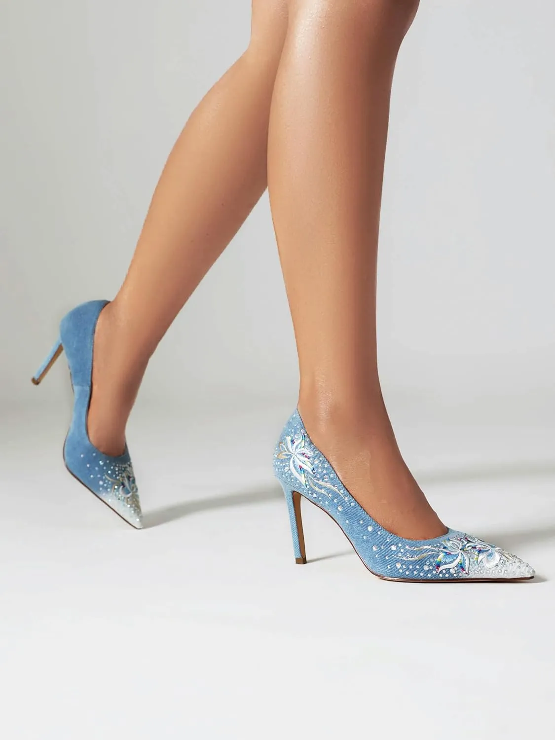 TAEPUSR Women's High Pumps, Embroidered Rhinestone High Heels, Denim Pointed Heels, 3.42 Inch, Suitable for Wedding, Party, Daily Wear
