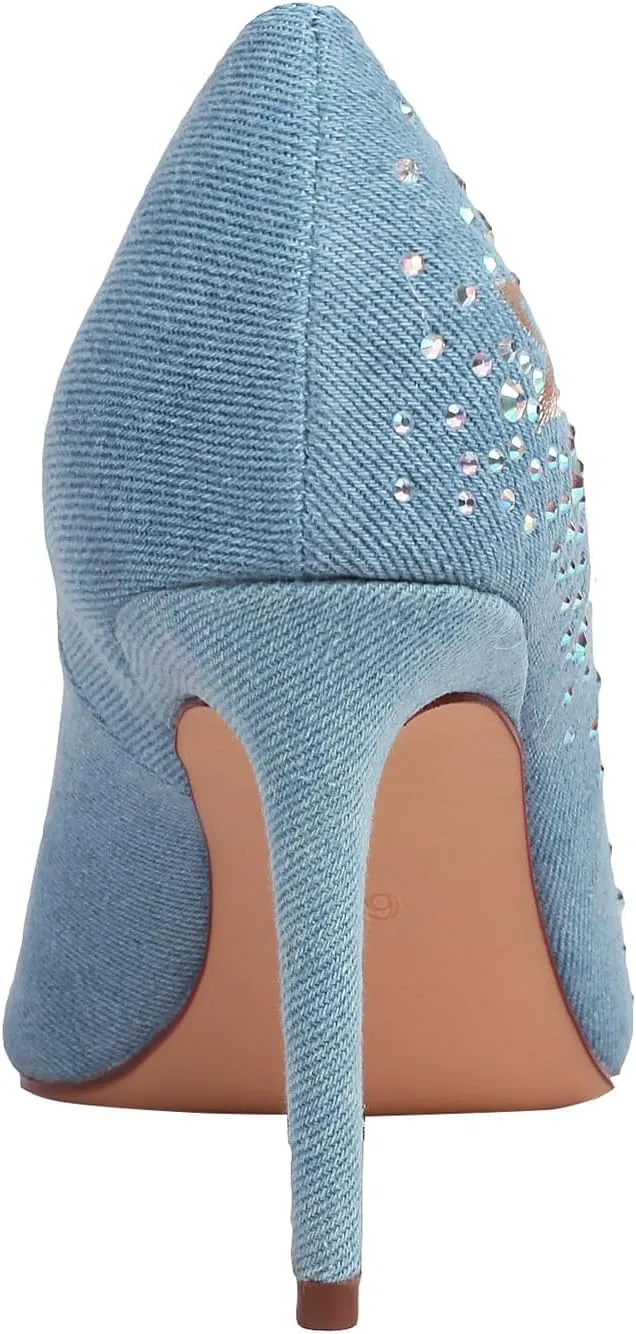 TAEPUSR Women's High Pumps, Embroidered Rhinestone High Heels, Denim Pointed Heels, 3.42 Inch, Suitable for Wedding, Party, Daily Wear