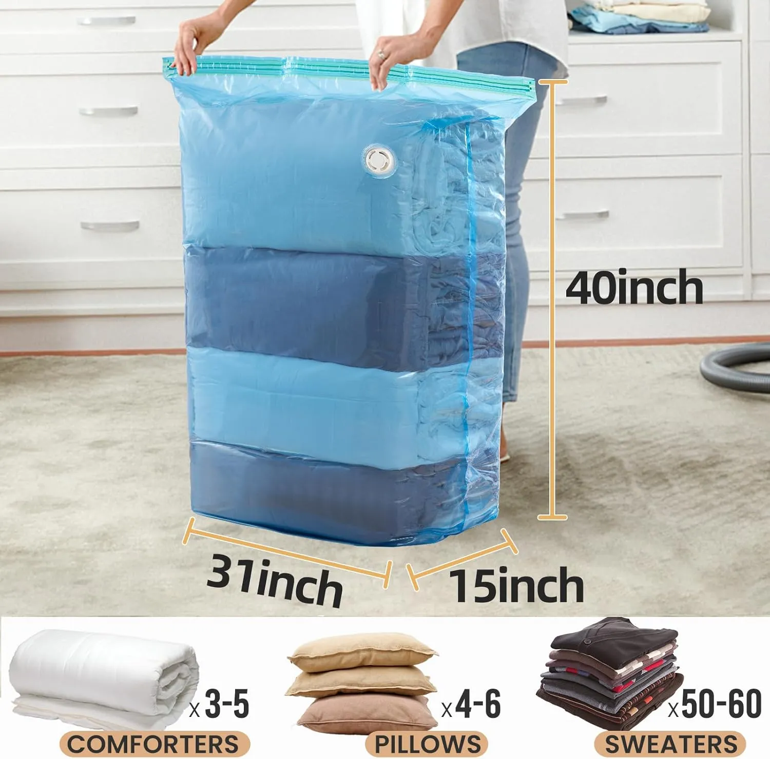 TAILI 8 Pack Vacuum Storage Bags, Jumbo Cube (31x40x15 Inch), Extra Large Vacuum Seal Bags for Clothing, Comforters, Blankets, Bedding, Sweater, Space Saver, Closet Organizers, Blue