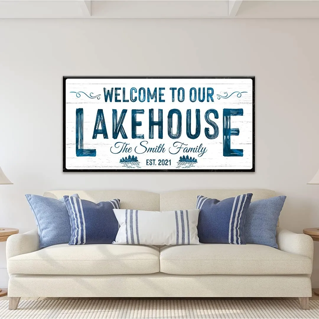 TAILORED CANVASES Custom Lake House Sign - Large Rustic Print Decor Canvas Wall Art for Living Room, Bedroom, Kitchen & Entryway - Welcome To Our Lakehouse - White Background w/Black Border, 20x10in