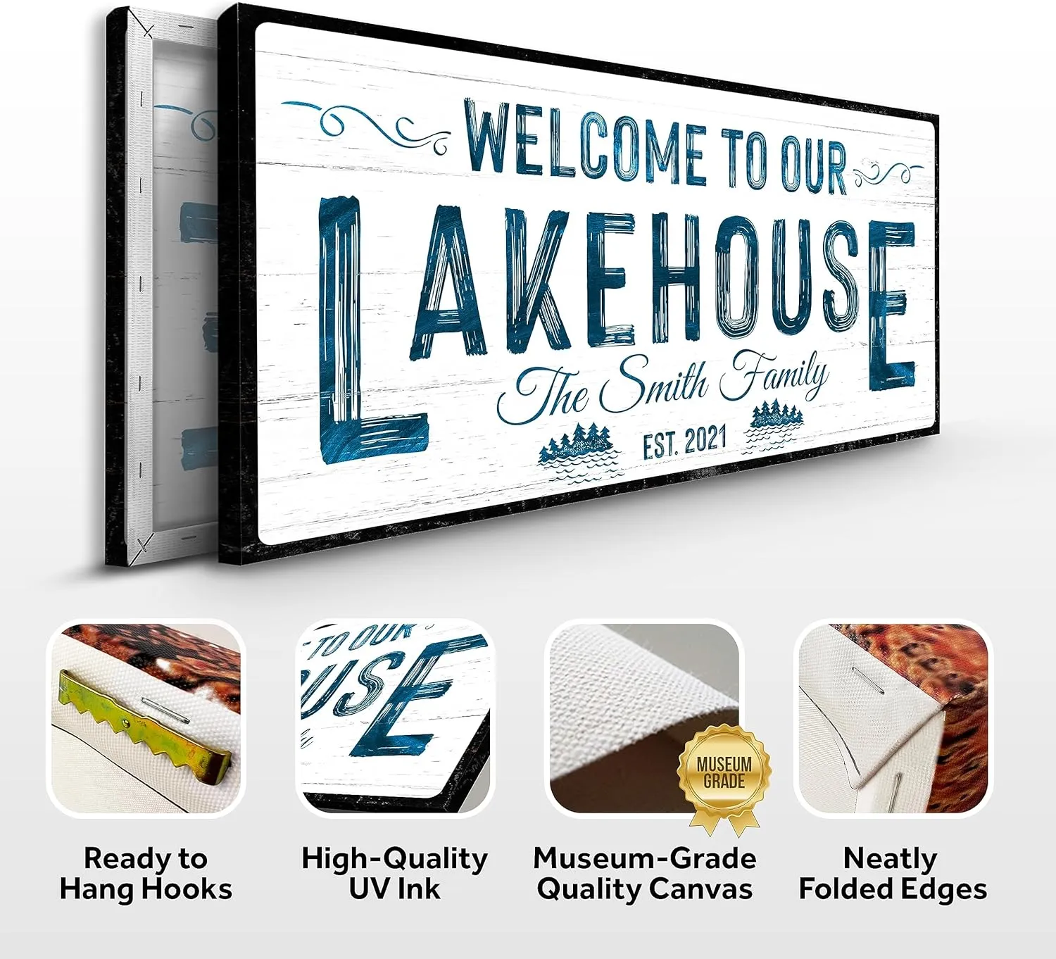 TAILORED CANVASES Custom Lake House Sign - Large Rustic Print Decor Canvas Wall Art for Living Room, Bedroom, Kitchen & Entryway - Welcome To Our Lakehouse - White Background w/Black Border, 20x10in
