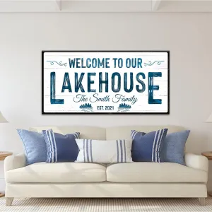 TAILORED CANVASES Custom Lake House Sign - Large Rustic Print Decor Canvas Wall Art for Living Room, Bedroom, Kitchen & Entryway - Welcome To Our Lakehouse - White Background w/Black Border, 20x10in