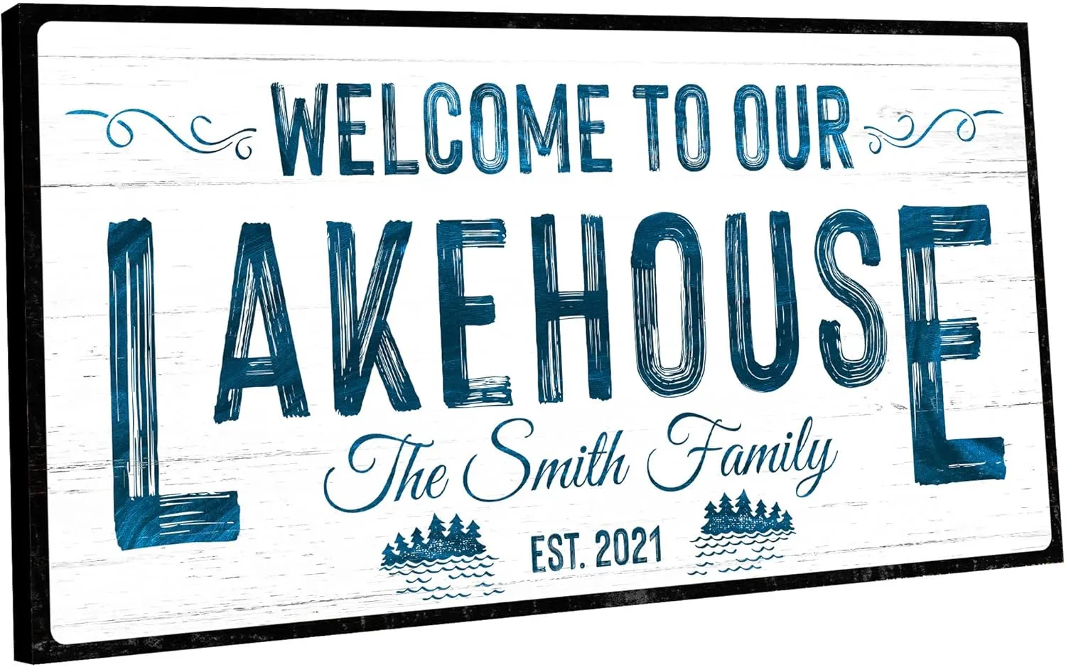 TAILORED CANVASES Custom Lake House Sign - Large Rustic Print Decor Canvas Wall Art for Living Room, Bedroom, Kitchen & Entryway - Welcome To Our Lakehouse - White Background w/Black Border, 20x10in