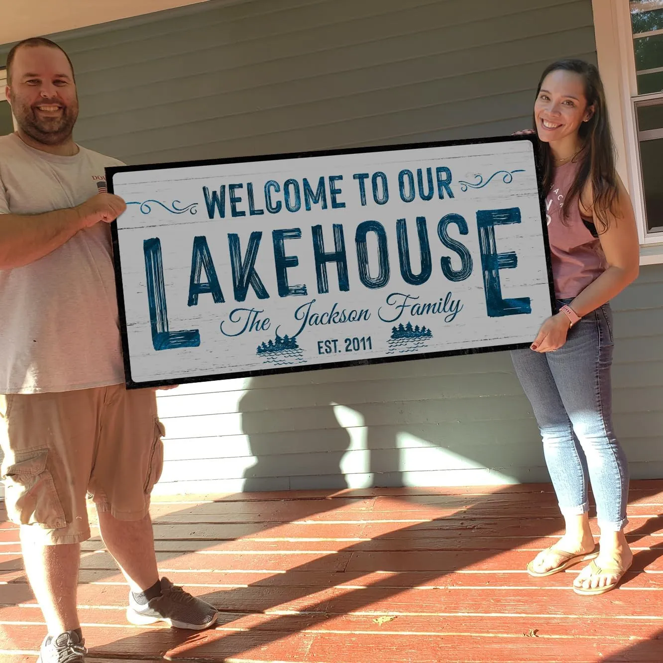 TAILORED CANVASES Custom Lake House Sign - Large Rustic Print Decor Canvas Wall Art for Living Room, Bedroom, Kitchen & Entryway - Welcome To Our Lakehouse - White Background w/Black Border, 20x10in