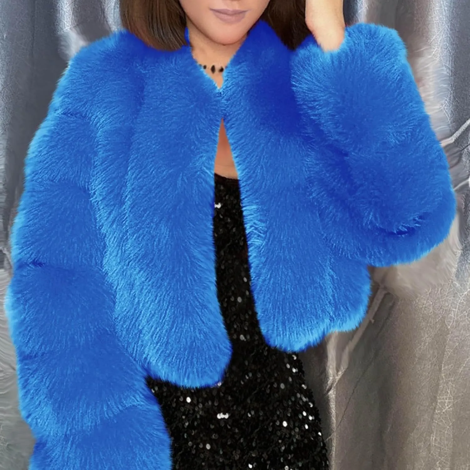 TANGNADE Fur Jackets for Women Formal Wedding Coat Long Sleeve Cropped Faux Fur Evening Jackets Plus Size Winter Warm