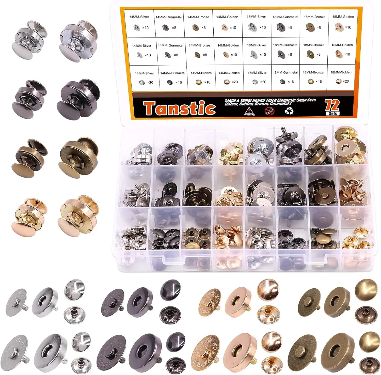 Tanstic 72 Sets 14mm and 18mm 4 Color Round Magnetic Snap Sets, Strong Magnetic Button Clasps Double-Sided Magnetic Leather Snaps for Clothes, Jackets, Jeans Wears, Bracelets, DIY Craft Sets