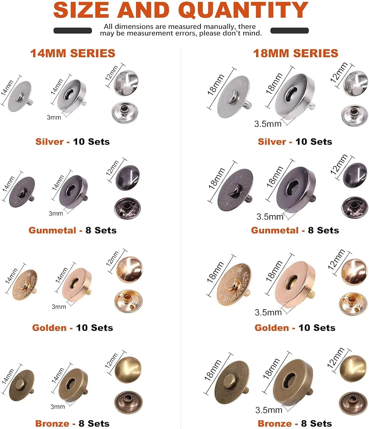 Tanstic 72 Sets 14mm and 18mm 4 Color Round Magnetic Snap Sets, Strong Magnetic Button Clasps Double-Sided Magnetic Leather Snaps for Clothes, Jackets, Jeans Wears, Bracelets, DIY Craft Sets