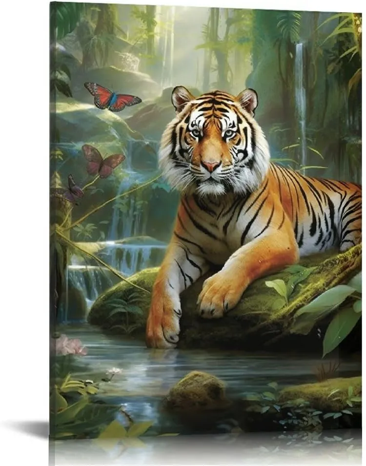 TEBORD Tiger Jungle Stream Rustic Canvas Wall Decor Art for Living Room Bedroom Home Office 16x20 in