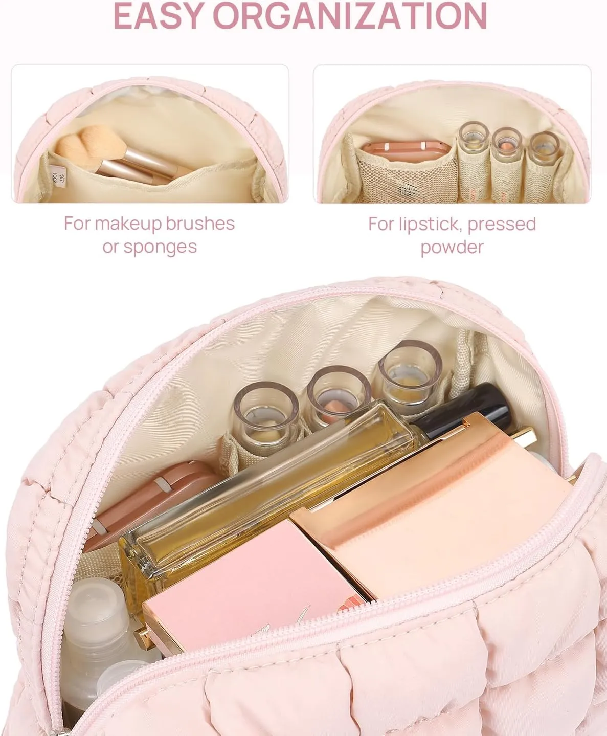 Telena Puffer Makeup Bags for Women, Nylon Puffy Padded Make Up Bags for Women Makeup Organizer Case, Wide-open Makeup Pouch Travel Essentials