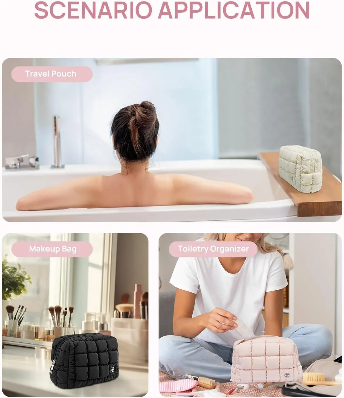 Telena Puffer Makeup Bags for Women, Nylon Puffy Padded Make Up Bags for Women Makeup Organizer Case, Wide-open Makeup Pouch Travel Essentials