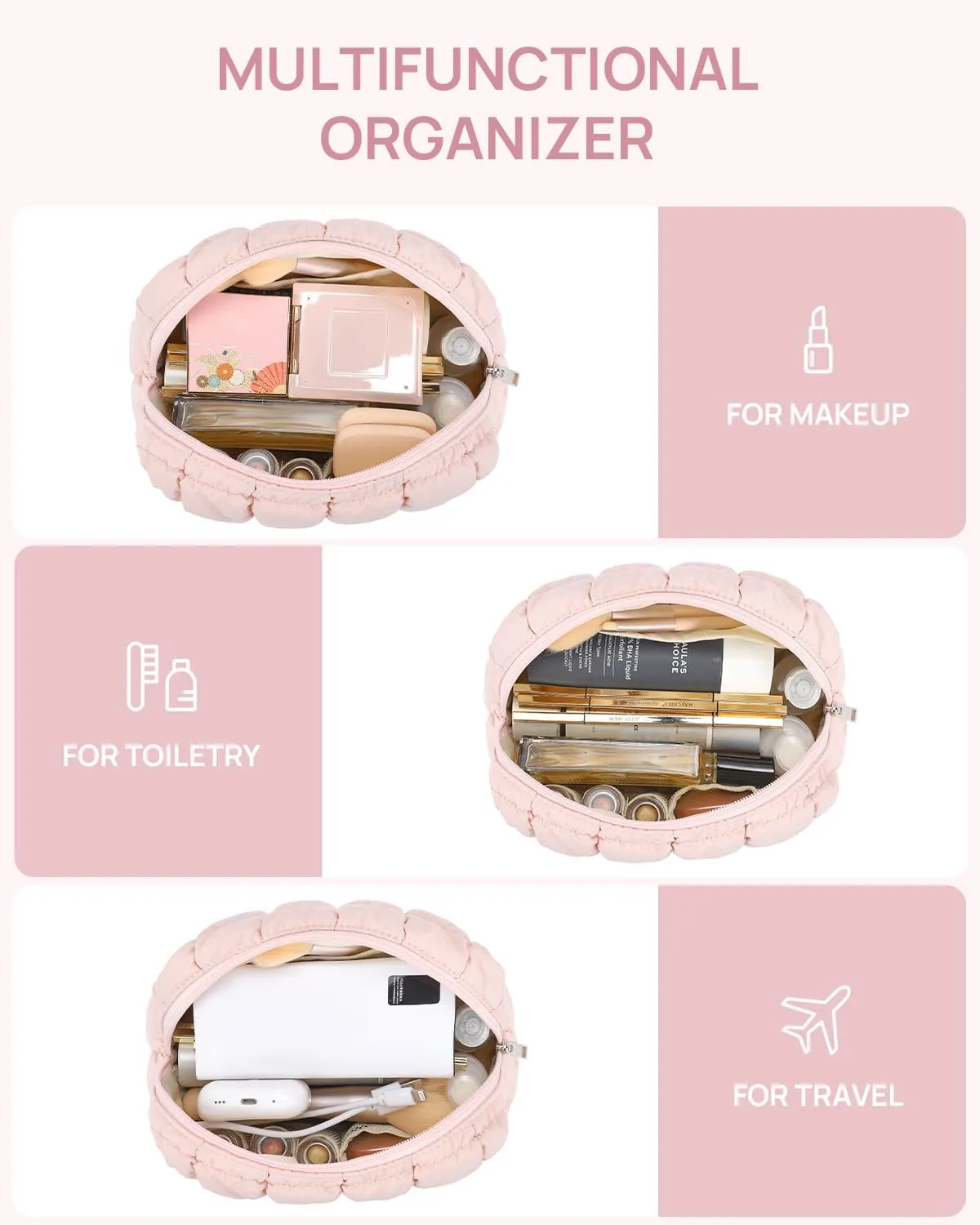 Telena Puffer Makeup Bags for Women, Nylon Puffy Padded Make Up Bags for Women Makeup Organizer Case, Wide-open Makeup Pouch Travel Essentials
