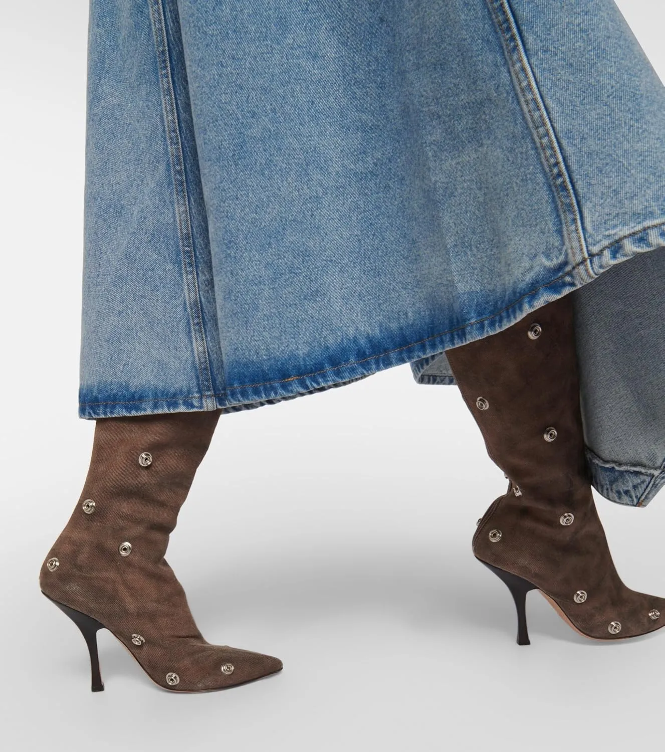 THESHY Women's Denim Knee High Boots Buttons Fashion Thigh High Boots Pointed Toe Stiletto High Heel Pleated Fold Over Party Dress Jean Boots for Women