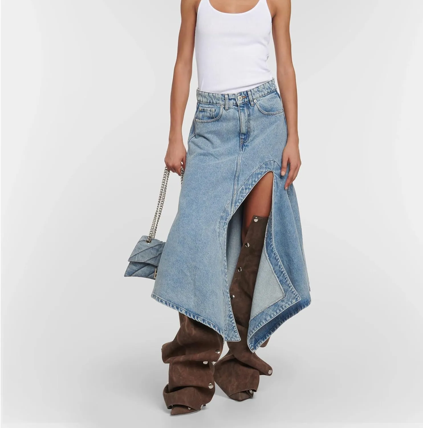 THESHY Women's Denim Knee High Boots Buttons Fashion Thigh High Boots Pointed Toe Stiletto High Heel Pleated Fold Over Party Dress Jean Boots for Women