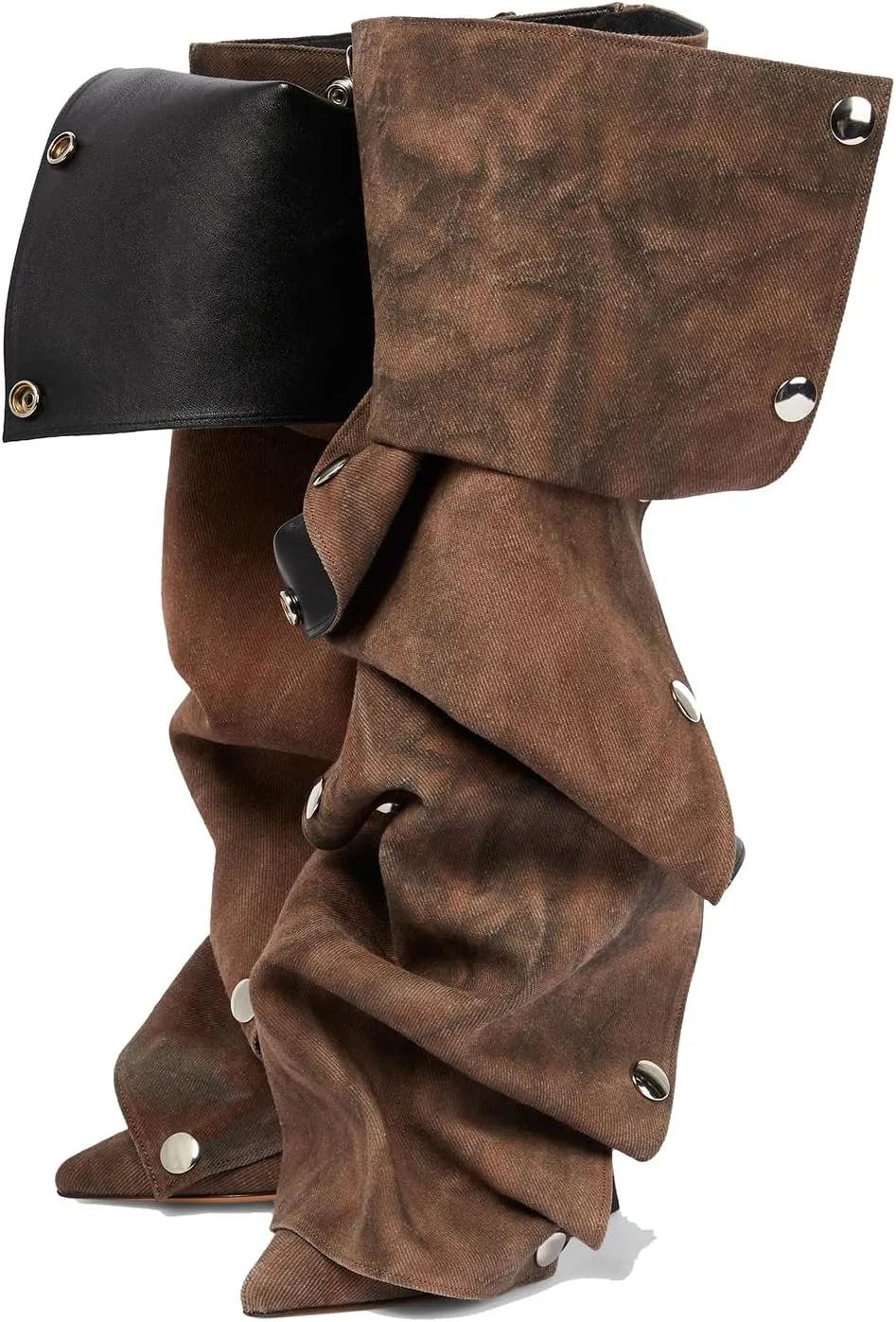 THESHY Women's Denim Knee High Boots Buttons Fashion Thigh High Boots Pointed Toe Stiletto High Heel Pleated Fold Over Party Dress Jean Boots for Women