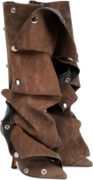 THESHY Women's Denim Knee High Boots Buttons Fashion Thigh High Boots Pointed Toe Stiletto High Heel Pleated Fold Over Party Dress Jean Boots for Women