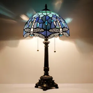Tiffany Lamp Blue Dragonfly Style Stained Glass Table Lamp Desk Reading Light 12X12X21 Inches with Resin Base Decor Bedroom Living Room
