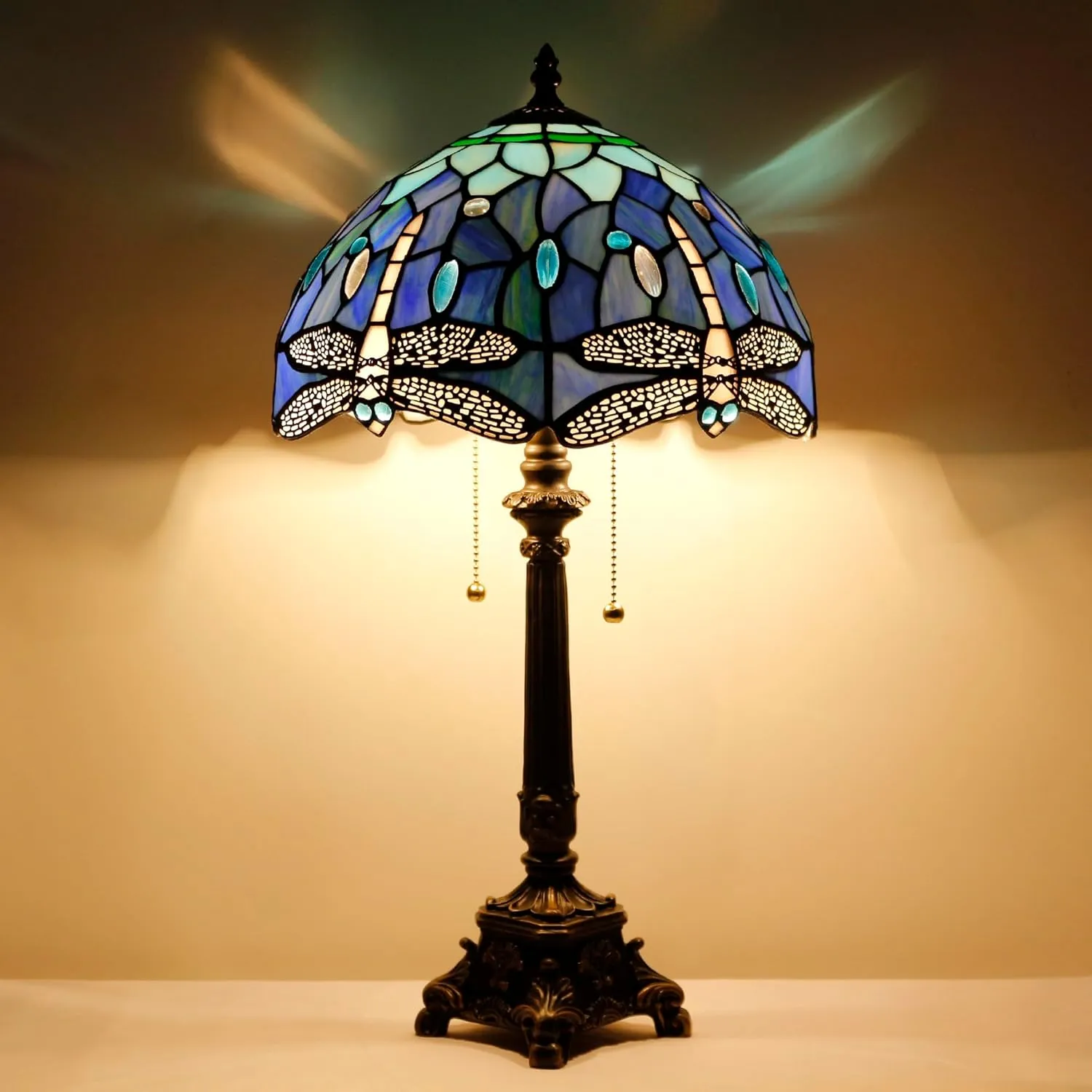 Tiffany Lamp Blue Dragonfly Style Stained Glass Table Lamp Desk Reading Light 12X12X21 Inches with Resin Base Decor Bedroom Living Room