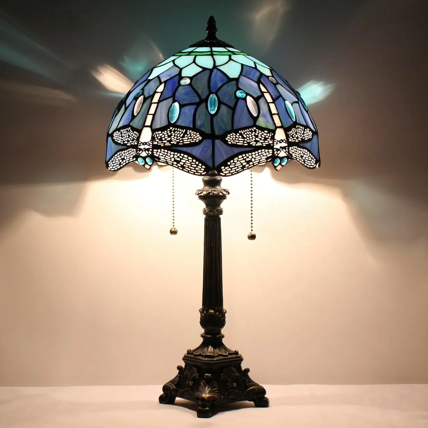 Tiffany Lamp Blue Dragonfly Style Stained Glass Table Lamp Desk Reading Light 12X12X21 Inches with Resin Base Decor Bedroom Living Room