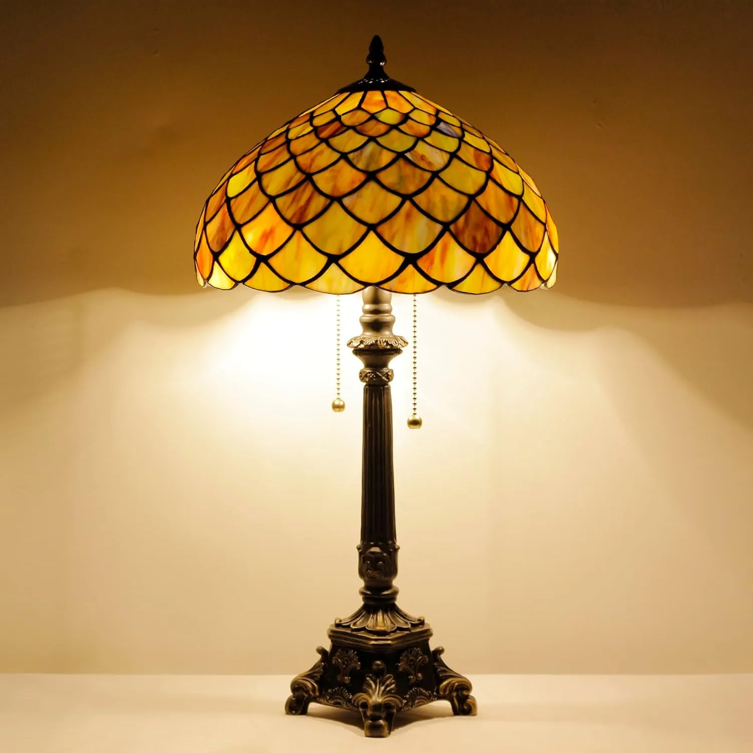 Tiffany Lamp Fish Scales Style Stained Glass Table Lamp Desk Reading Light 12X12X21 Inches with Resin Base Decor Bedroom Living Room