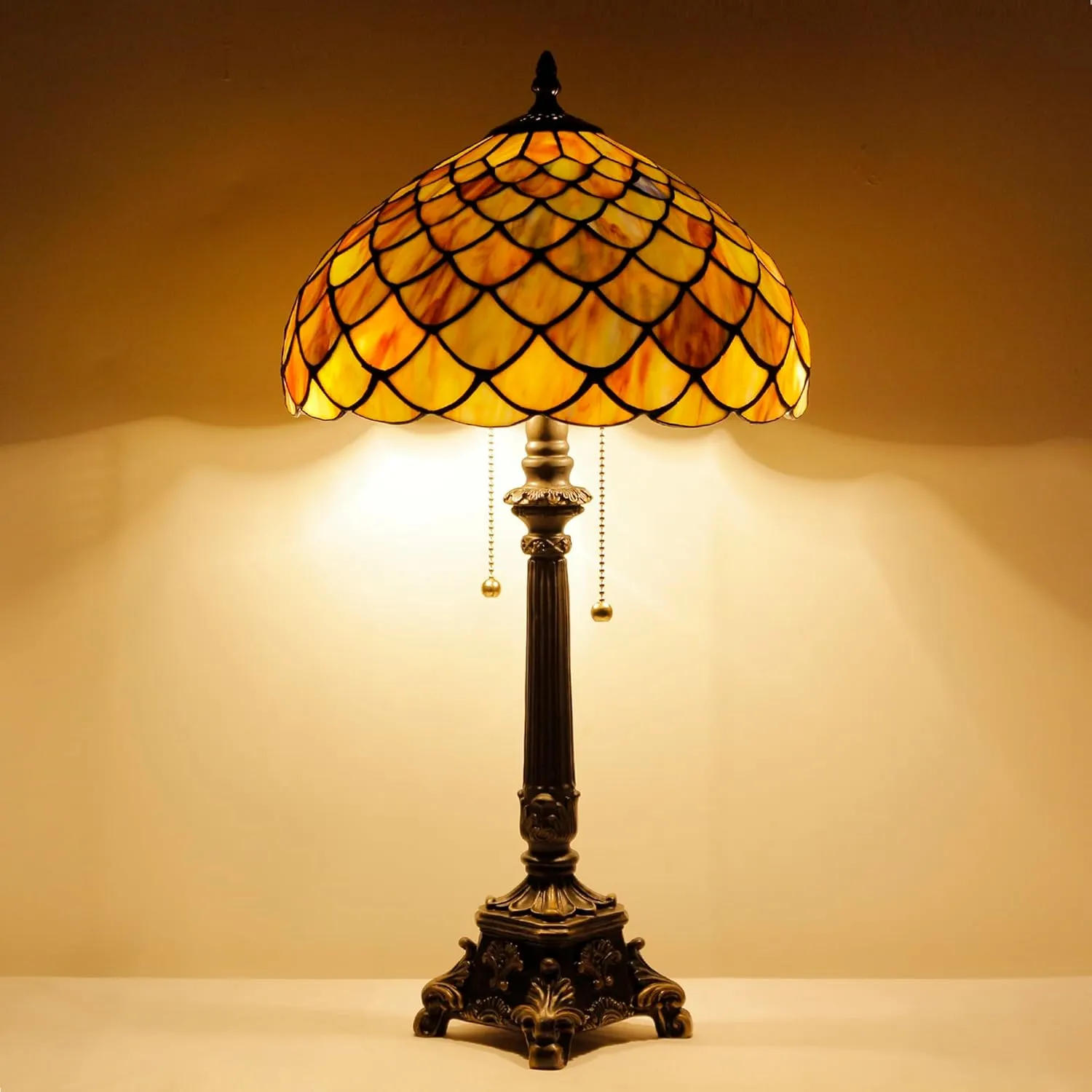 Tiffany Lamp Fish Scales Style Stained Glass Table Lamp Desk Reading Light 12X12X21 Inches with Resin Base Decor Bedroom Living Room
