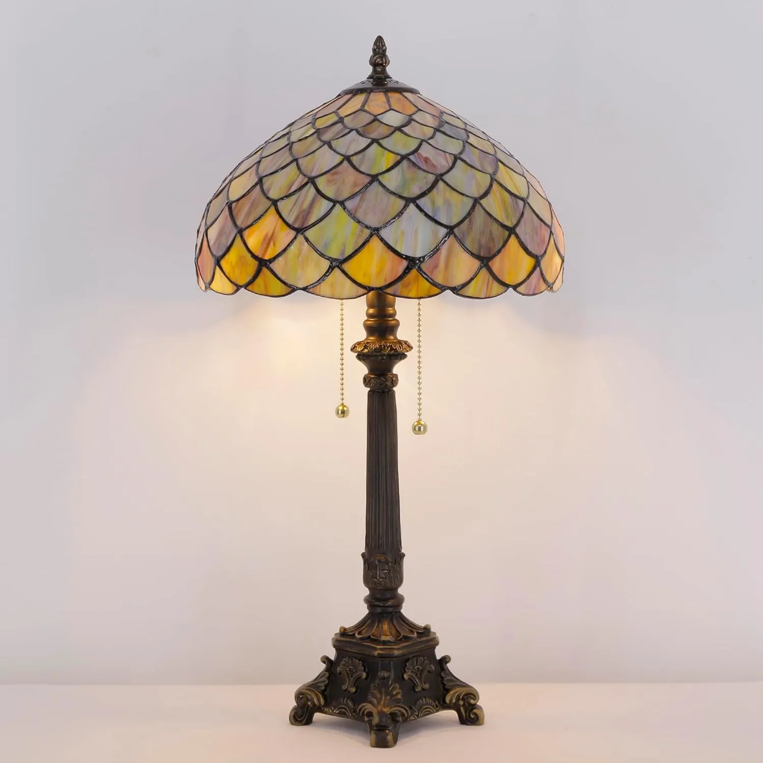 Tiffany Lamp Fish Scales Style Stained Glass Table Lamp Desk Reading Light 12X12X21 Inches with Resin Base Decor Bedroom Living Room