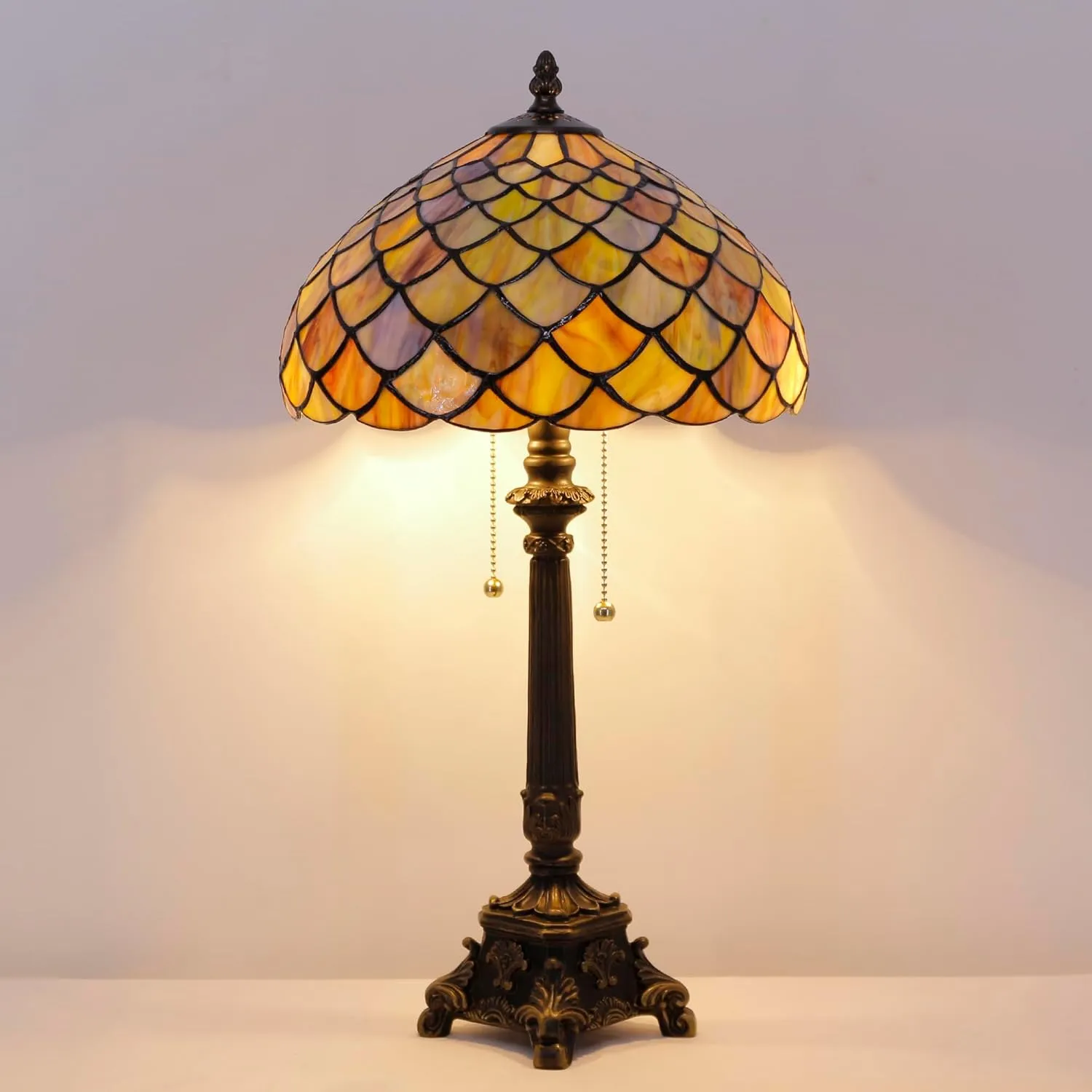 Tiffany Lamp Fish Scales Style Stained Glass Table Lamp Desk Reading Light 12X12X21 Inches with Resin Base Decor Bedroom Living Room
