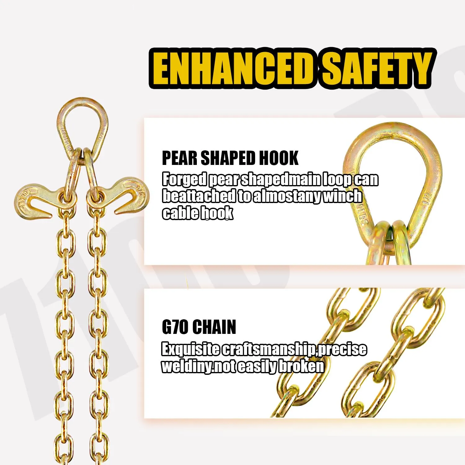 TKK Towing Chain Bridle，5/16" X 2ft V-Bridle Tow Chain with 15" J-Hooks and Grab Hooks Grade 70 Safety Chains for Flatbed Trucks, Yellow Zinc Plated, 4900 lbs Capacity