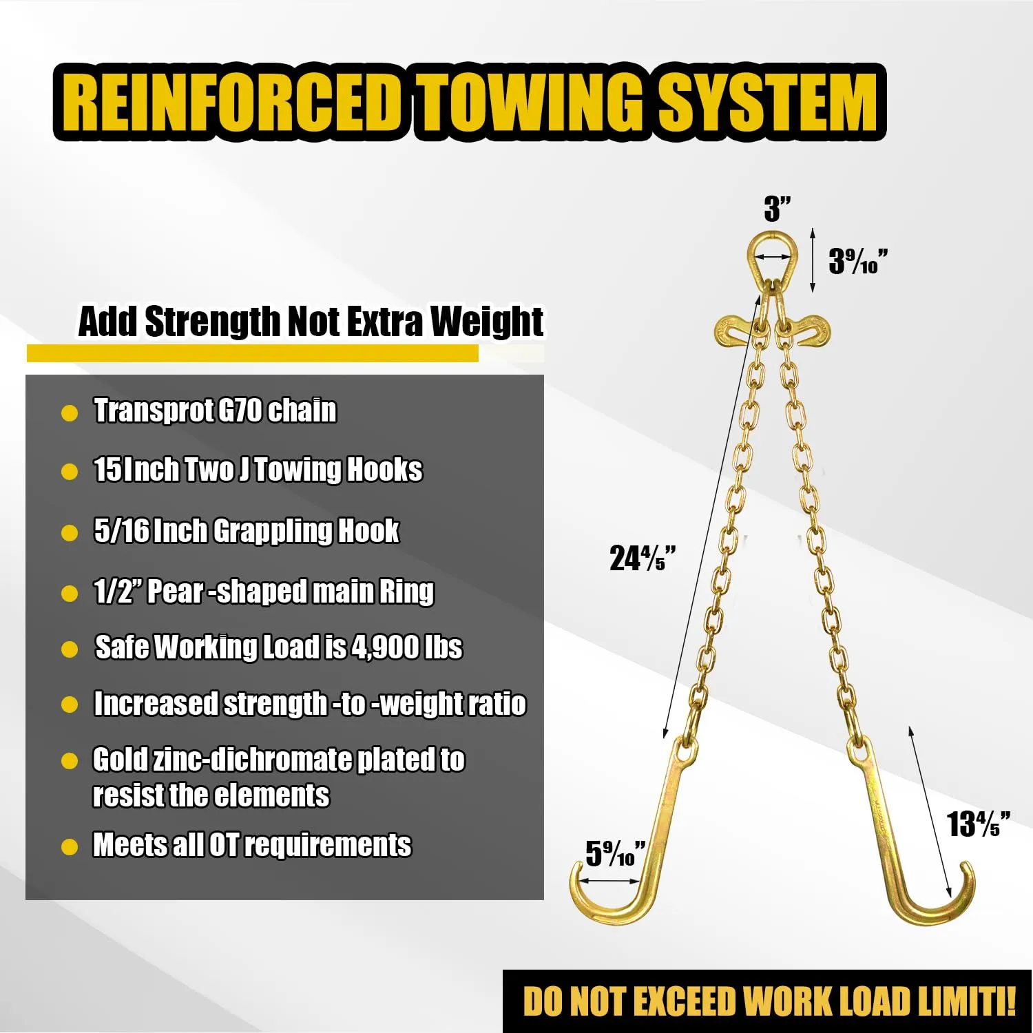 TKK Towing Chain Bridle，5/16" X 2ft V-Bridle Tow Chain with 15" J-Hooks and Grab Hooks Grade 70 Safety Chains for Flatbed Trucks, Yellow Zinc Plated, 4900 lbs Capacity