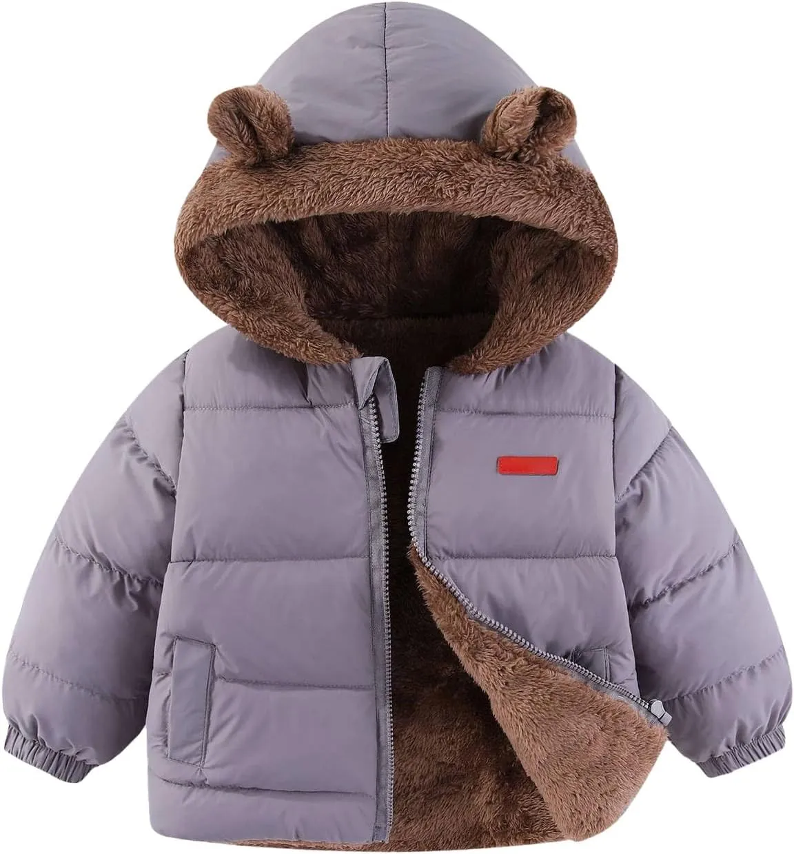 Toddler Boys Girls Winter Coat Sherpa Lined Hooded Puffer Jacket Kids Fuzzy Fleece Quilted Jacket Padded Down Coat