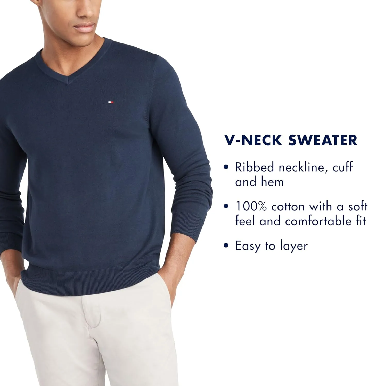 Tommy Hilfiger Men's Essential Long Sleeve Cotton V-Neck Pullover Sweater